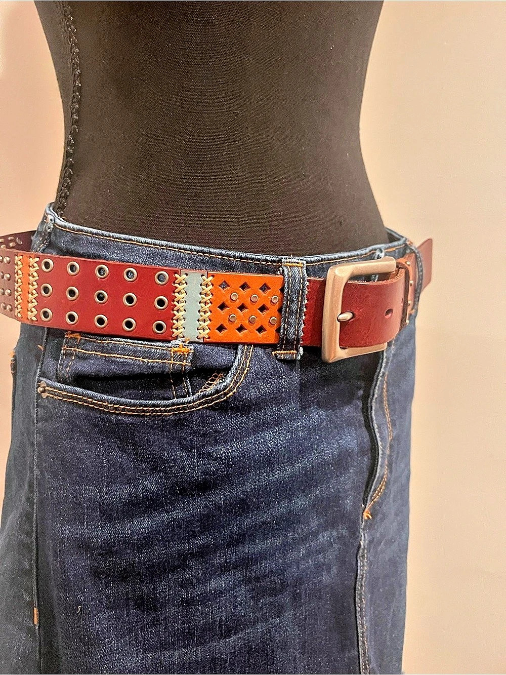 NWOT Fossil Studded Patchwork pattern Leather Belt in Brown & Turquoise 35-39”